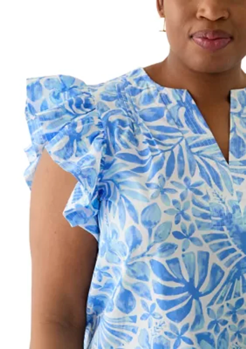 Plus Ruffle Split Neck Woven Blouse