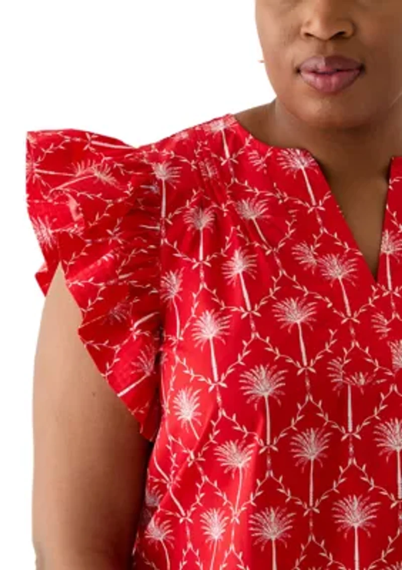 Plus Ruffle Split Neck Woven Blouse