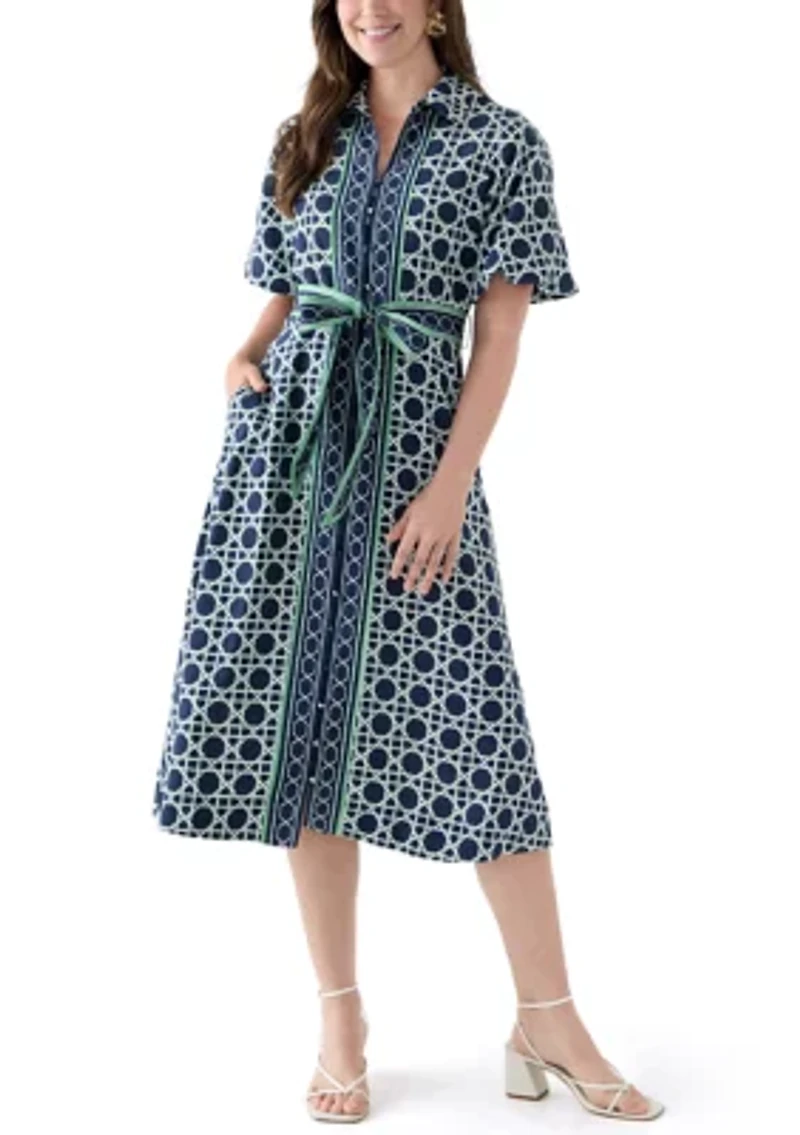 Women's Puff Sleeve Printed Collared Maxi Dress with Tie Waist