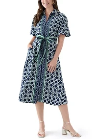 Women's Puff Sleeve Printed Collared Maxi Dress with Tie Waist
