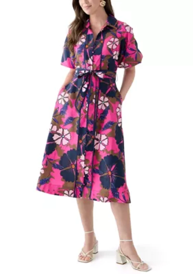 Women's Puff Sleeve Printed Collared Maxi Dress with Tie Waist