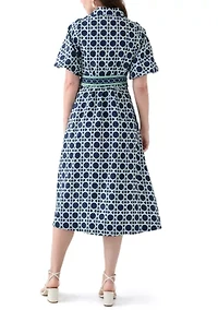 Women's Puff Sleeve Printed Collared Maxi Dress with Tie Waist