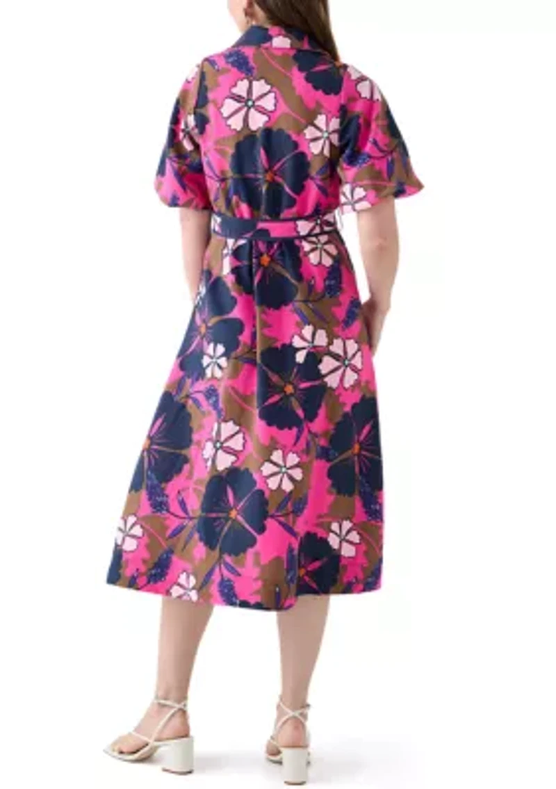 Women's Puff Sleeve Printed Collared Maxi Dress with Tie Waist