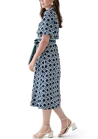Women's Puff Sleeve Printed Collared Maxi Dress with Tie Waist