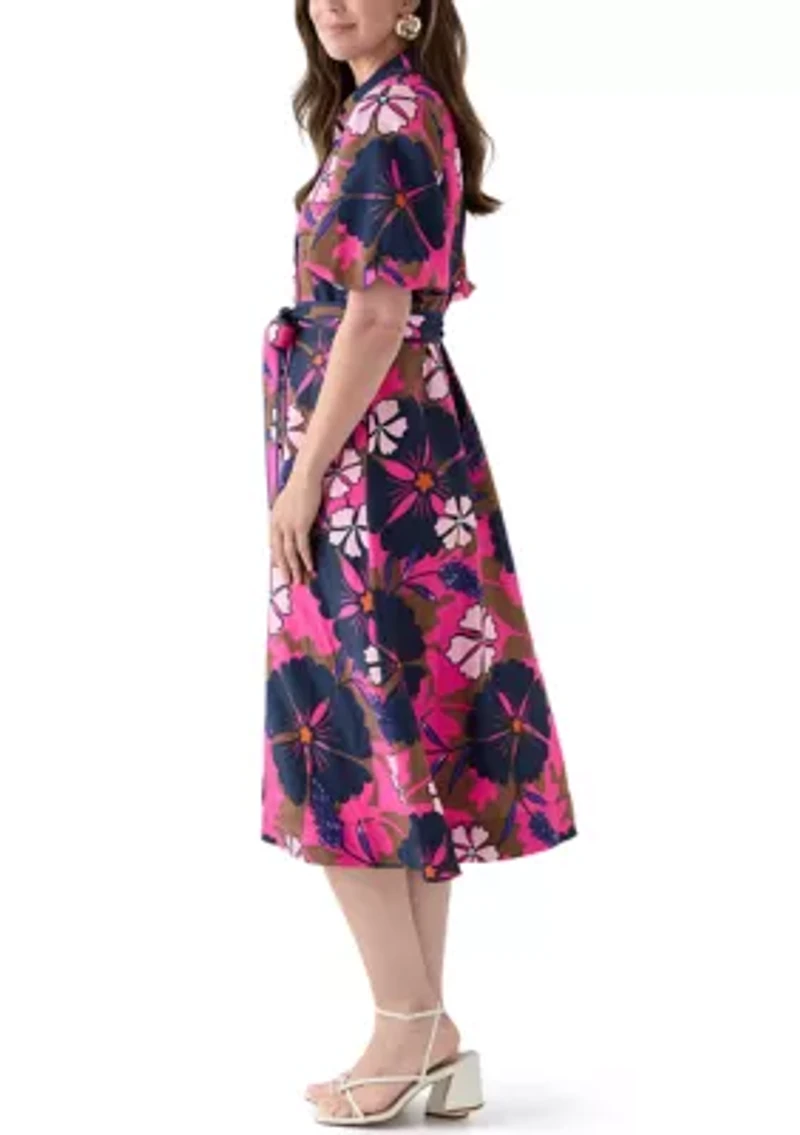 Women's Puff Sleeve Printed Collared Maxi Dress with Tie Waist