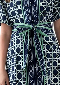 Women's Puff Sleeve Printed Collared Maxi Dress with Tie Waist