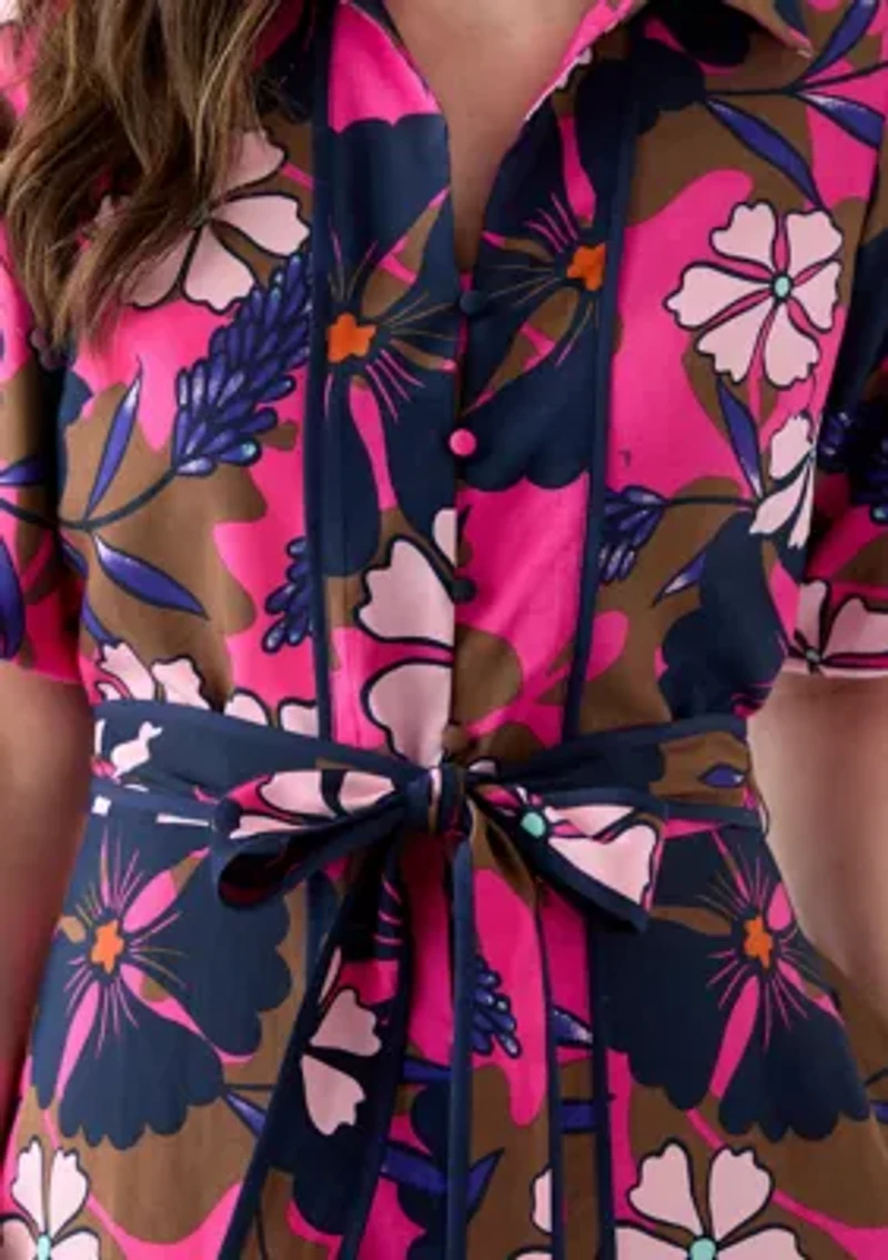 Women's Puff Sleeve Printed Collared Maxi Dress with Tie Waist