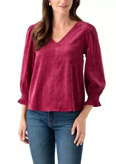 Petite Smocked Sleeve Woven Corduroy Shirt