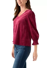 Petite Smocked Sleeve Woven Corduroy Shirt