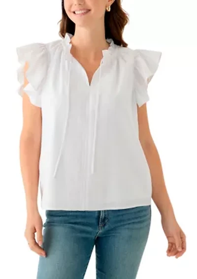 Women's Split Neck Ruffle Sleeve Top