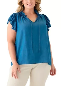 Plus Split Neck Ruffle Sleeve Top