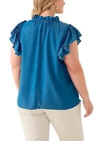 Plus Split Neck Ruffle Sleeve Top