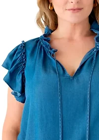 Plus Split Neck Ruffle Sleeve Top
