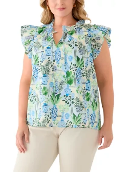 Plus Split Neck Ruffle Sleeve Printed Top