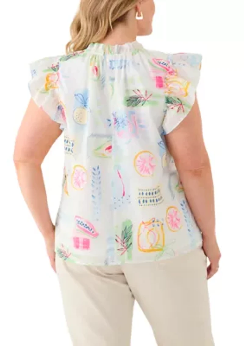 Plus Split Neck Ruffle Sleeve Printed Top