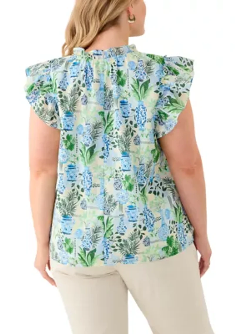 Plus Split Neck Ruffle Sleeve Printed Top