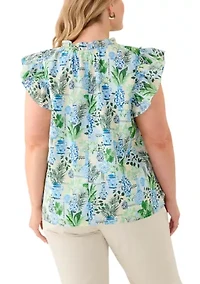 Plus Split Neck Ruffle Sleeve Printed Top