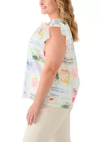 Plus Split Neck Ruffle Sleeve Printed Top