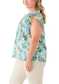 Plus Split Neck Ruffle Sleeve Printed Top
