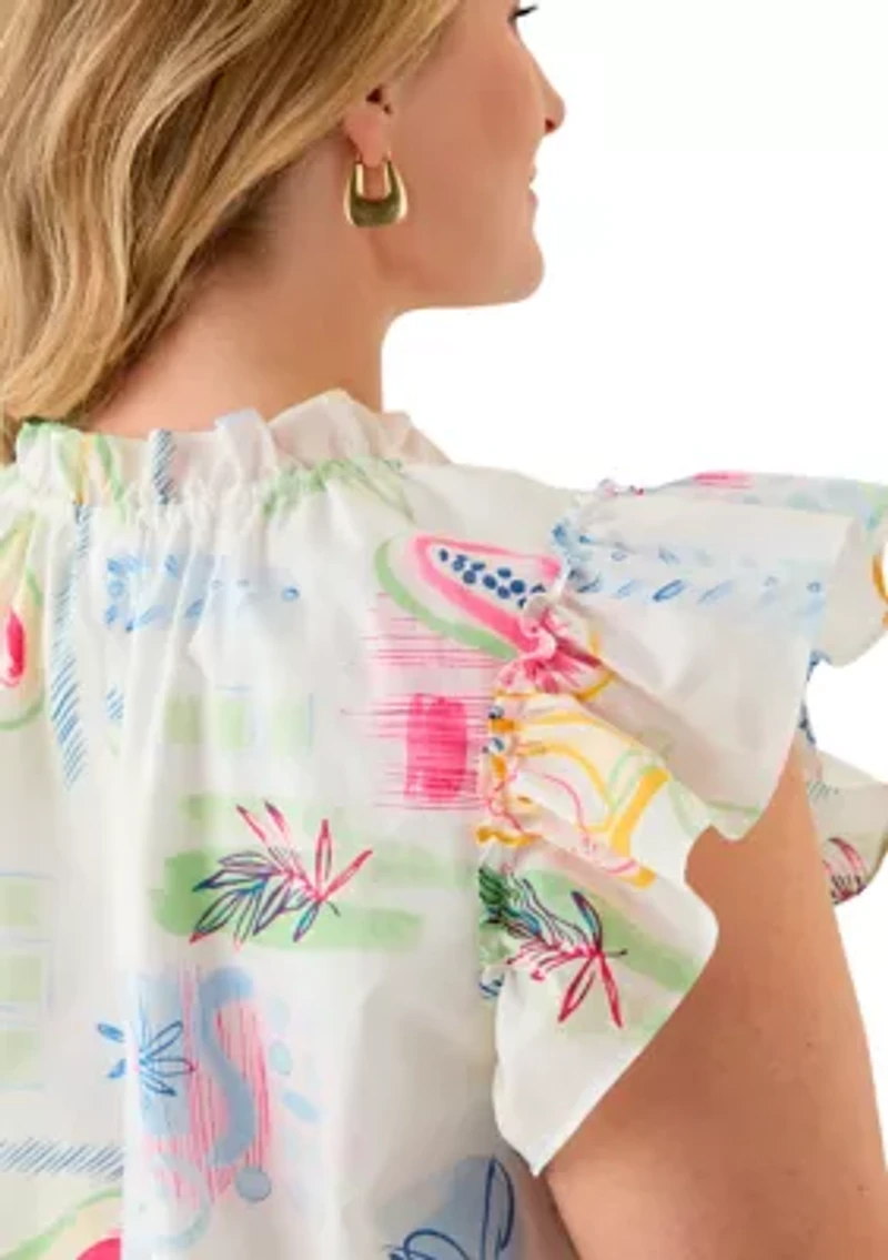 Plus Split Neck Ruffle Sleeve Printed Top