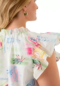 Plus Split Neck Ruffle Sleeve Printed Top