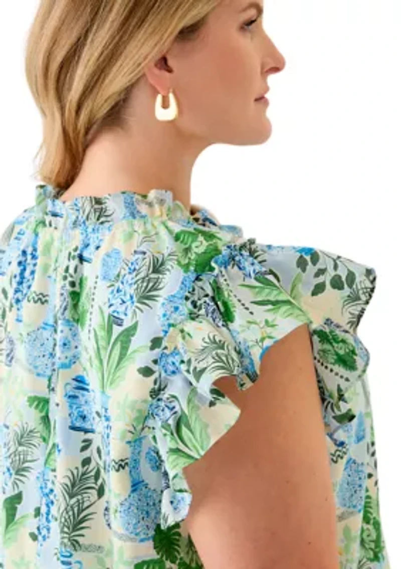Plus Split Neck Ruffle Sleeve Printed Top