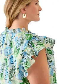 Plus Split Neck Ruffle Sleeve Printed Top