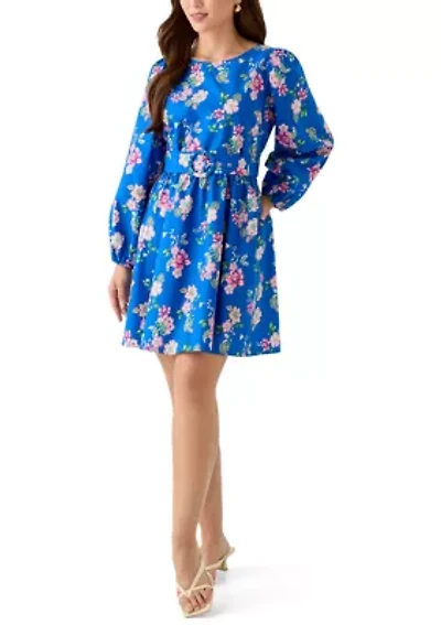 Petite Long Sleeve Poplin Printed Swing Dress