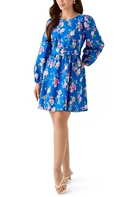 Petite Long Sleeve Poplin Printed Swing Dress