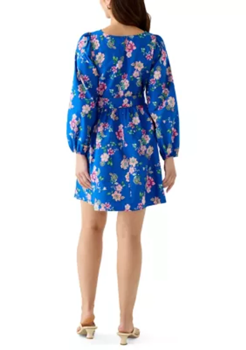 Petite Long Sleeve Poplin Printed Swing Dress
