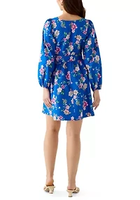Petite Long Sleeve Poplin Printed Swing Dress