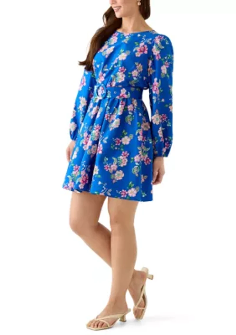Petite Long Sleeve Poplin Printed Swing Dress