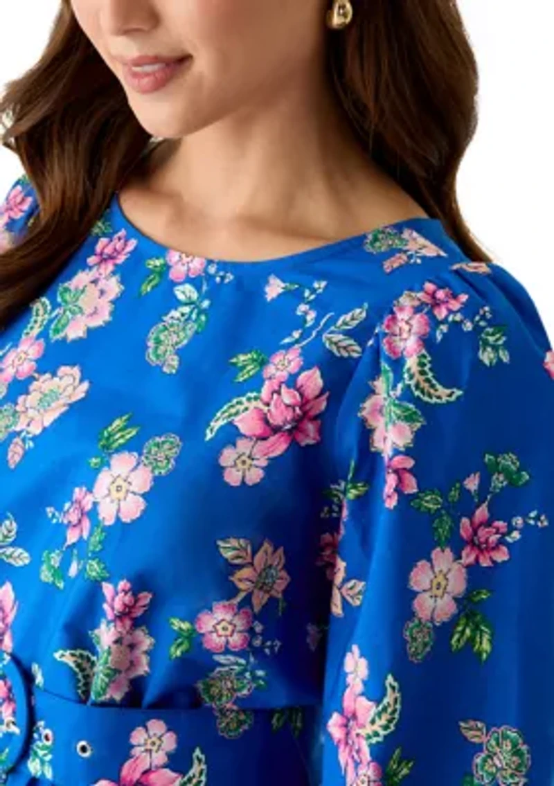 Petite Long Sleeve Poplin Printed Swing Dress