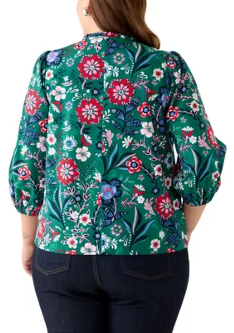 Plus Puff Sleeve V-Neck Blouse