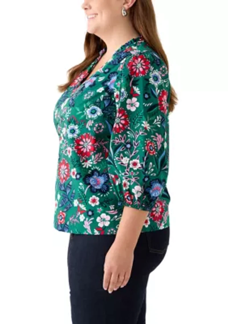 Plus Puff Sleeve V-Neck Blouse