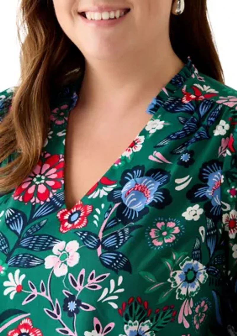 Plus Puff Sleeve V-Neck Blouse