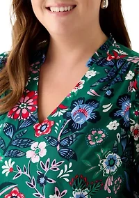 Plus Puff Sleeve V-Neck Blouse