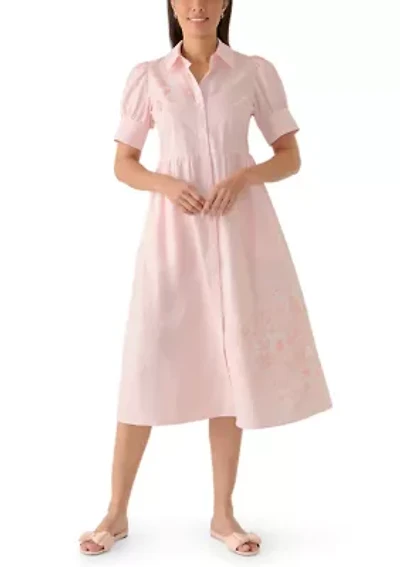 Women's Puff Sleeve Button Front Collar Striped Dress