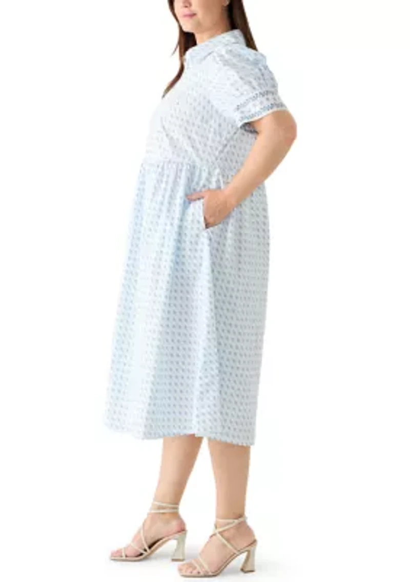 Plus Short Sleeve Button Front Midi Shirt Dress