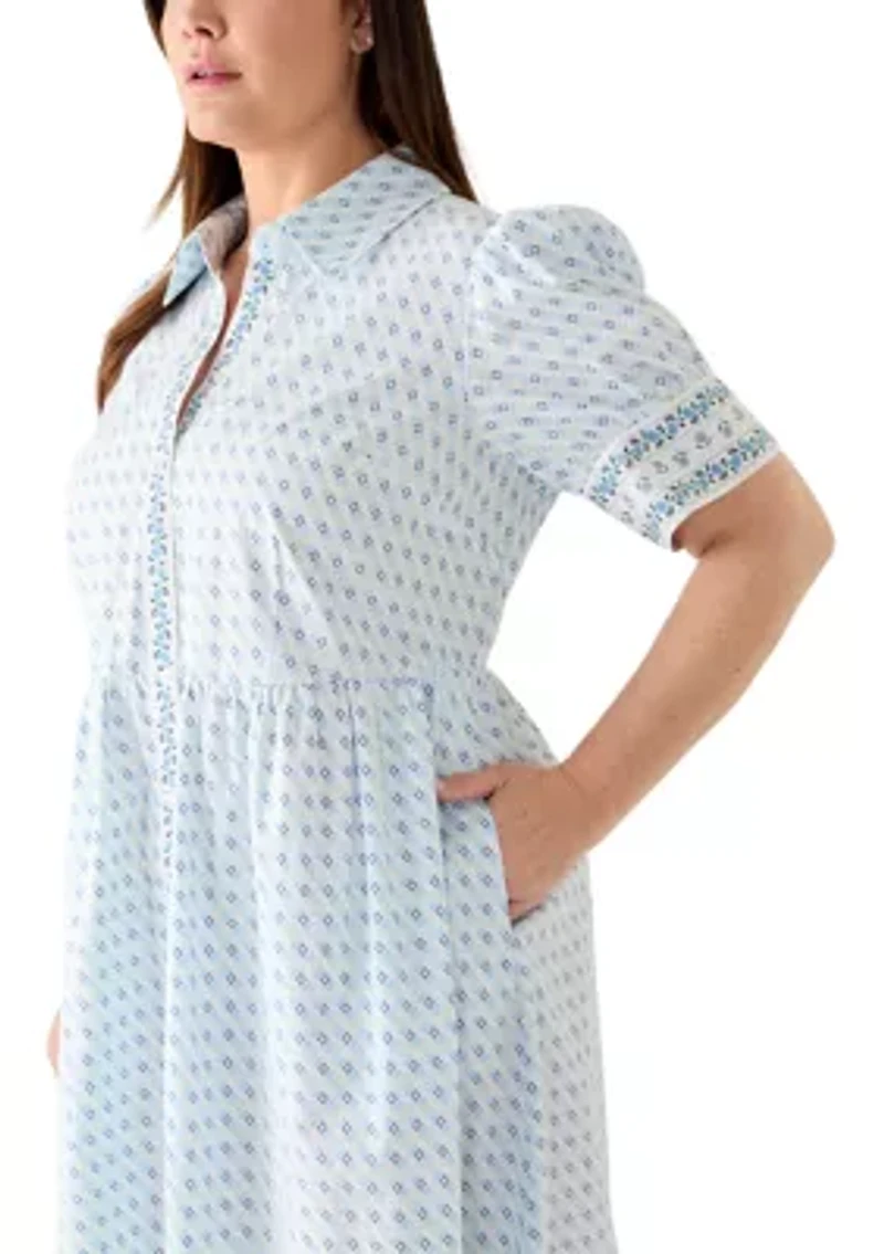 Plus Short Sleeve Button Front Midi Shirt Dress