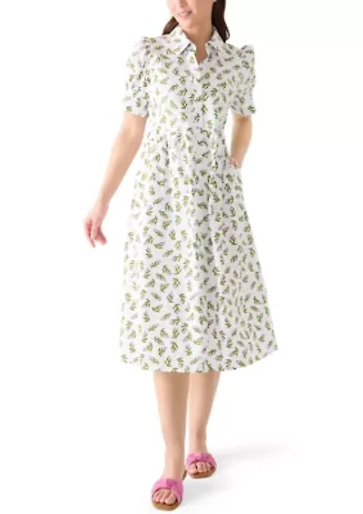 Petite Short Sleeve Button Down Front Collar Printed Dress