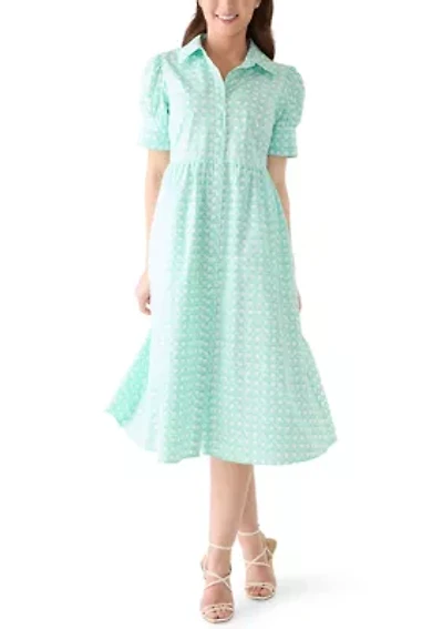 Petite Short Sleeve Button Down Front Collar Printed Dress