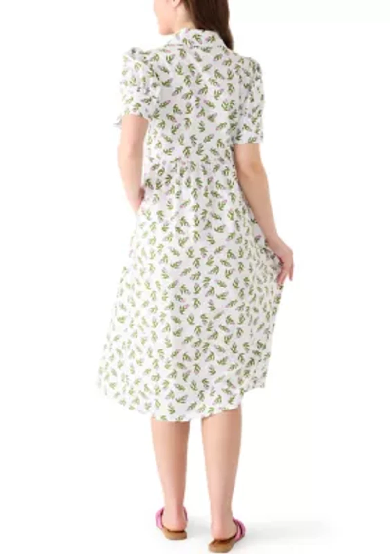 Petite Short Sleeve Button Down Front Collar Printed Dress