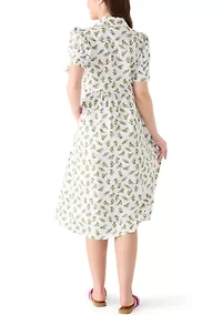 Petite Short Sleeve Button Down Front Collar Printed Dress