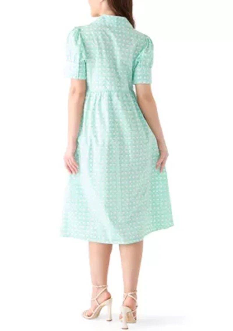 Petite Short Sleeve Button Down Front Collar Printed Dress