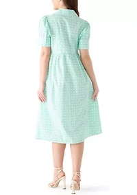 Petite Short Sleeve Button Down Front Collar Printed Dress