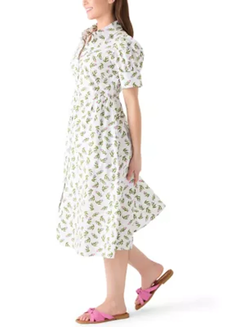 Petite Short Sleeve Button Down Front Collar Printed Dress