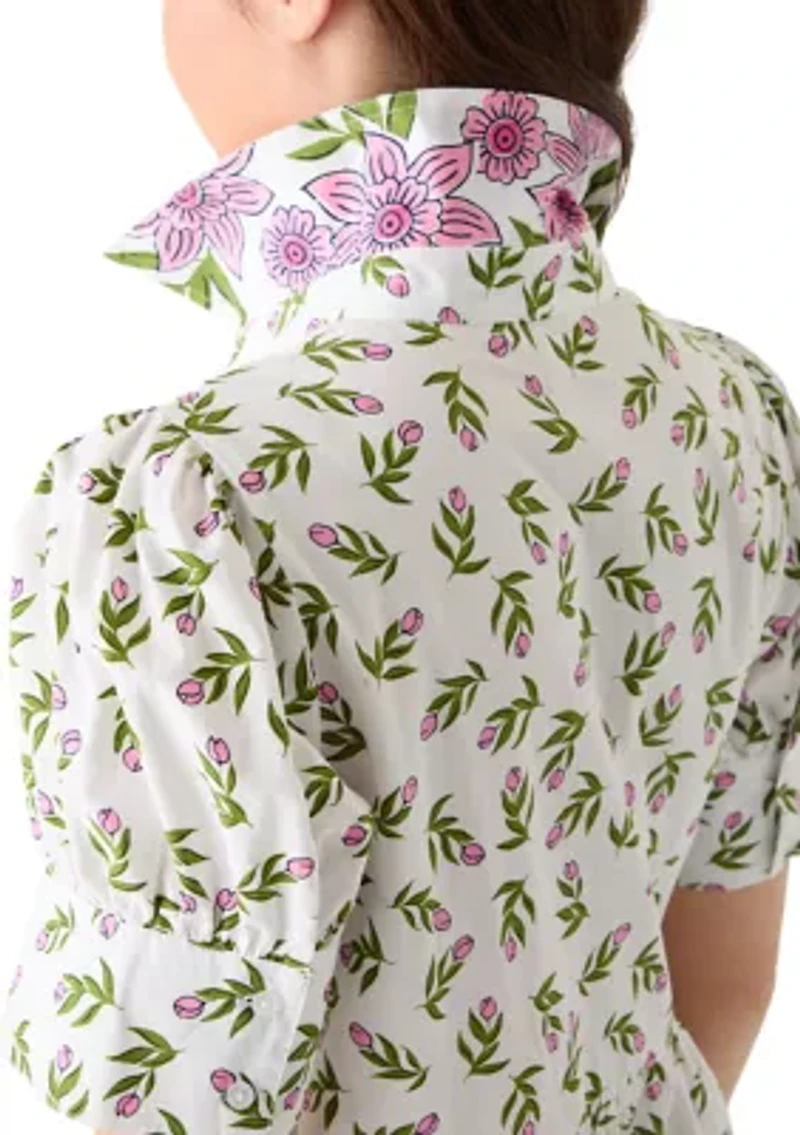 Petite Short Sleeve Button Down Front Collar Printed Dress