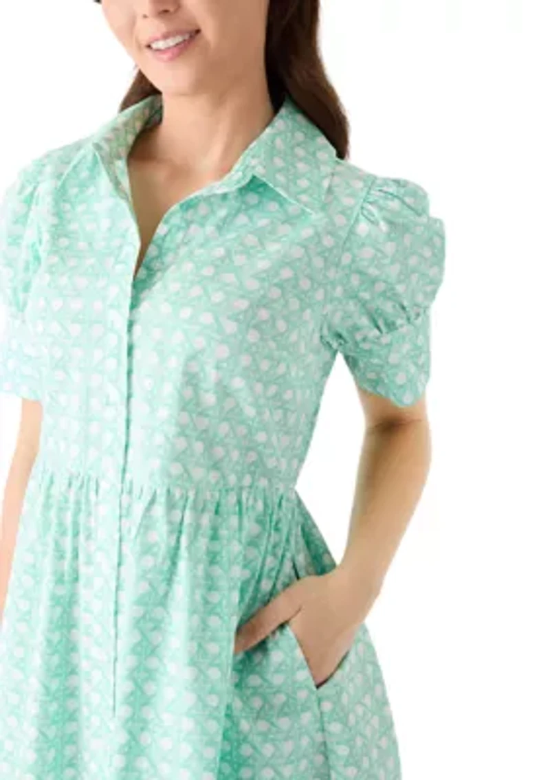 Petite Short Sleeve Button Down Front Collar Printed Dress