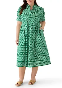 Plus Short Sleeve Button Front Midi Shirt Dress